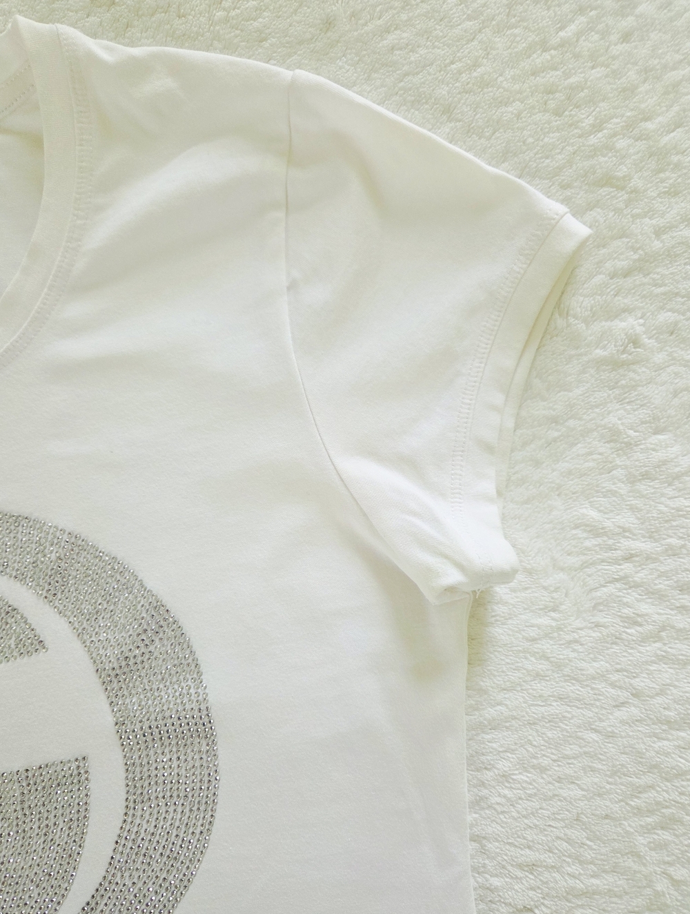 Vintage!!! GUCCI ✨️ Women's White Cotton Crystal Logo Stretch T-Shirt Size S - Picture 7 of 15